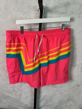 Men's Bright Coral Swim Trunks with Yellow and Teal Stripe Detail